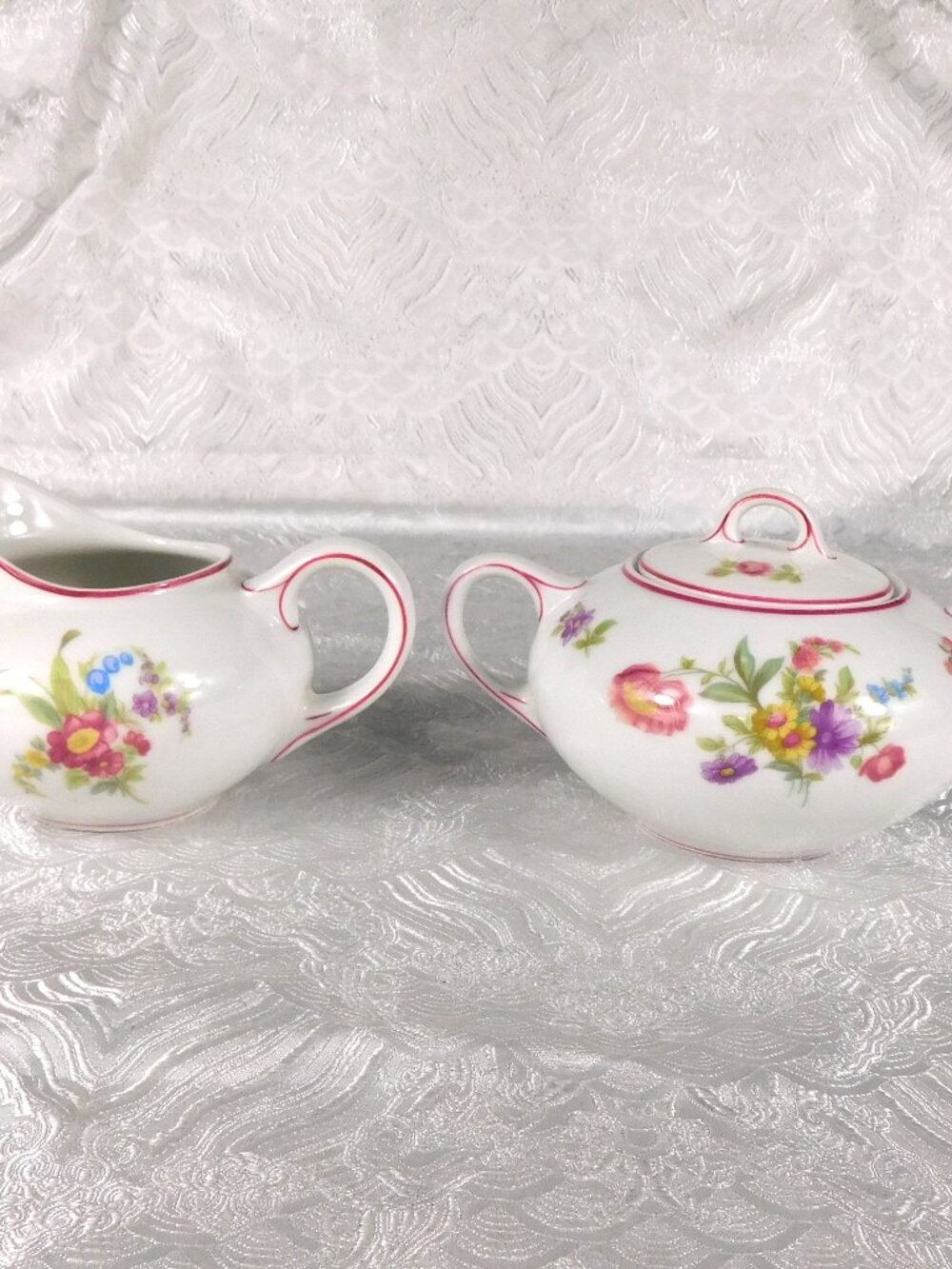 Hutschenreuther Sugar Bowl and Creamer Set with Floral Design & Pink Trim #  275